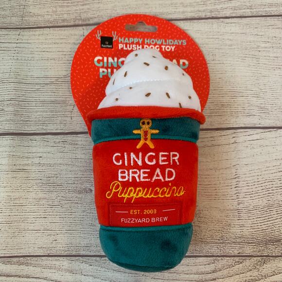 Happy Howlidays Gingerbread Puppuccino Dog Toy Plush Stuffed Squeaker Coffee Cup - Picture 1 of 9